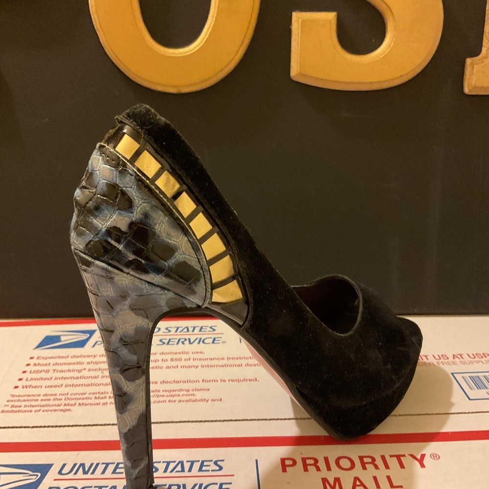 Black Velvet Peep-Toe High Heels with Gold Accent - Picture 3 of 7
